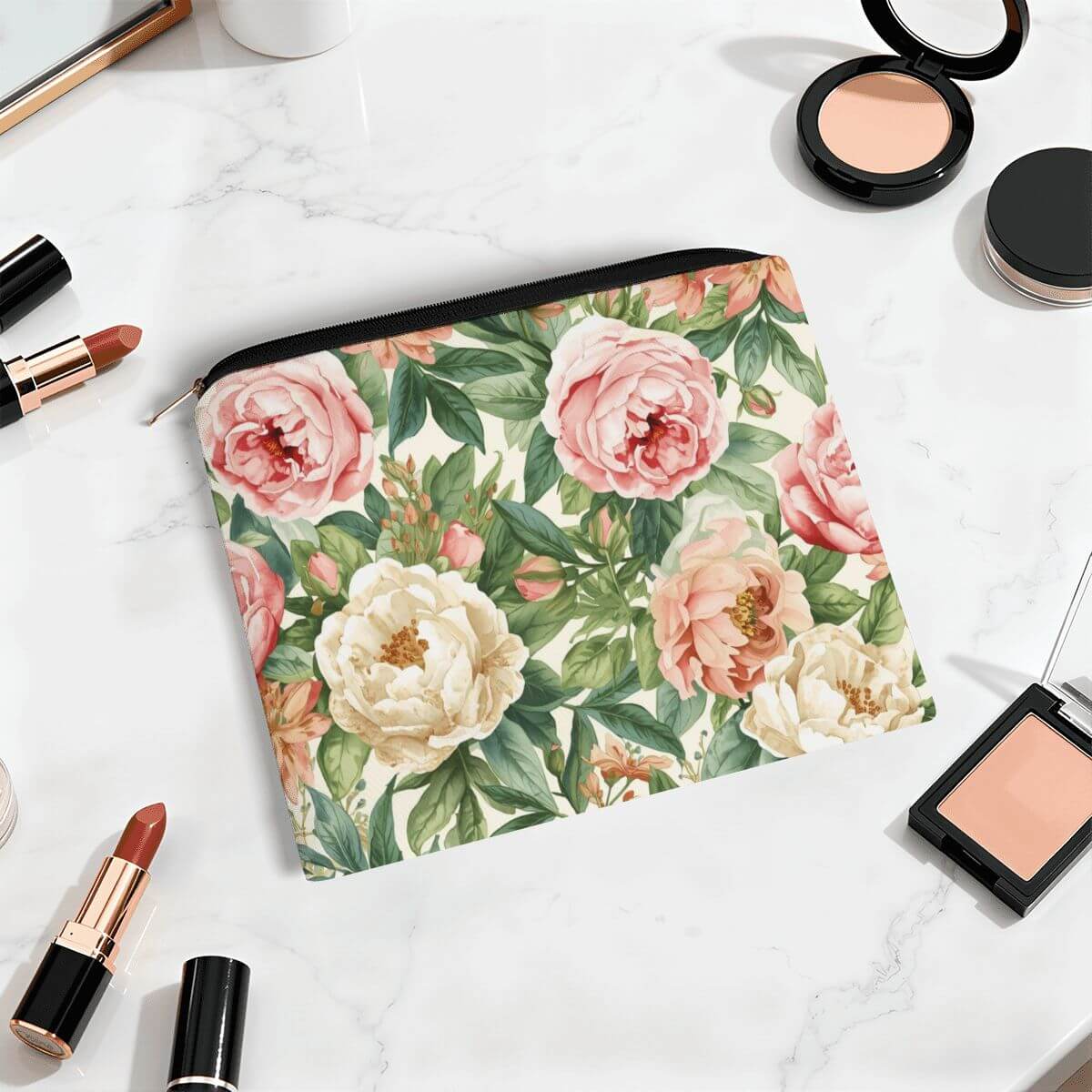 Reise-Kosmetiktasche aus Polyester mit Blumendesign, 8,9"x6,5", widerstandsfähig und vielseitig für Reisen – Details für Reise-Kosmetiktasche ansehen