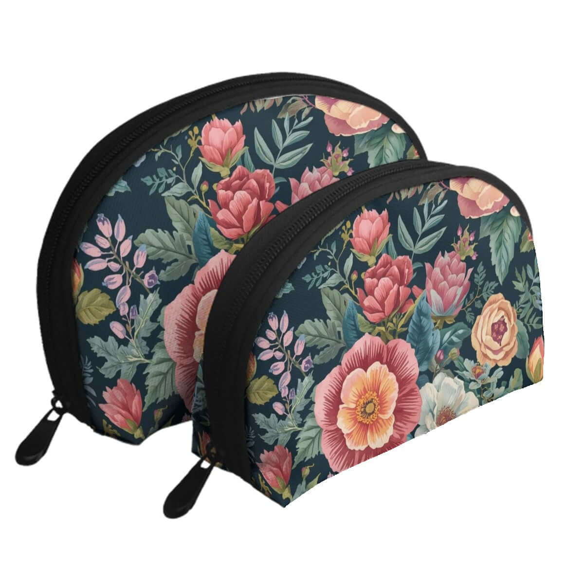 Blumenmuster Aufbewahrungsbeutel-Set (2 Stück) aus Polyester, große Kapazität, Reißverschluss, zwei Größen, einseitiger Druck, schwarz.