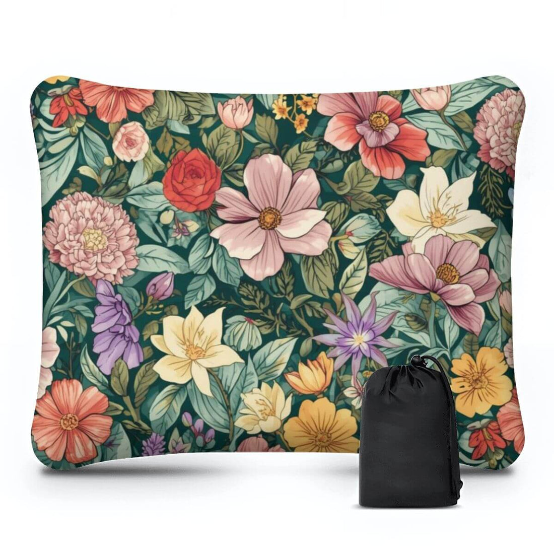 Florales aufblasbares Campingkissen aus Polyester mit einer Größe von 15,8"x12,6"x4,3" und einem schwarzen Packsack.