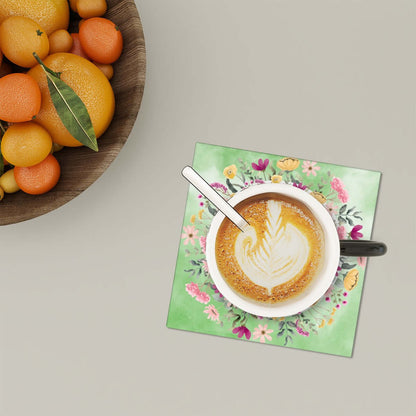 Quadratische Keramikuntersetzer, 6 Stück mit Kaffeetasse, dekoratives Blumenmuster, umweltfreundlich, wasserabsorbierend