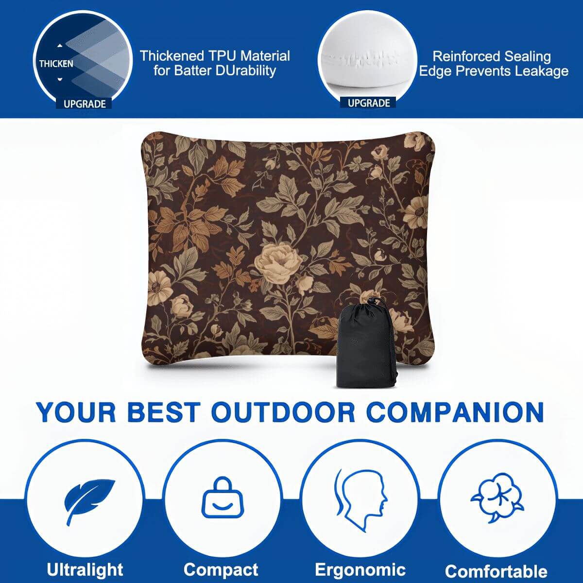 Video Aufblasbares Campingkissen mit floralem Design, kompaktem Format und ergonomischer Form, perfekt für Outdoor-Aktivitäten.