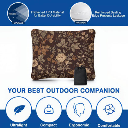 Video Aufblasbares Campingkissen mit floralem Design, kompaktem Format und ergonomischer Form, perfekt für Outdoor-Aktivitäten.