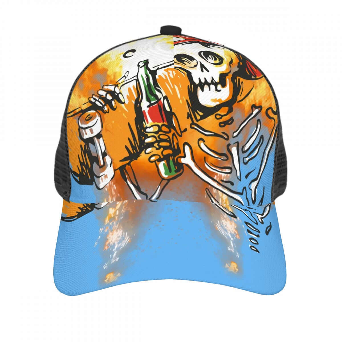 Baseballkappe mit Mesh-Einsatz, bunte Grafik mit Skelett und Flasche, Vorderansicht