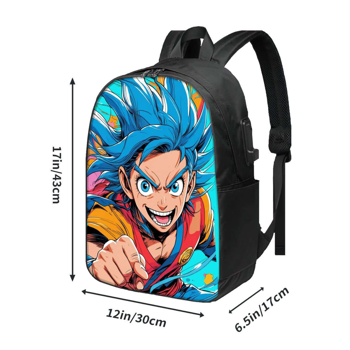 Colorful anime-themed backpack with bold character design, featuring blue and red accents, 17x12x6.5 inches, perfect for fans.