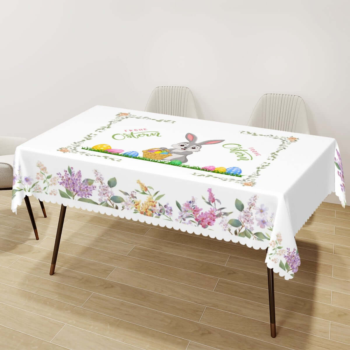Rechteckige Tischdecke mit Wellenrand Ostermotiv auf Tisch arrangiert, aus 100% Polyester, 72"x54", einseitiger Sublimationsdruck.