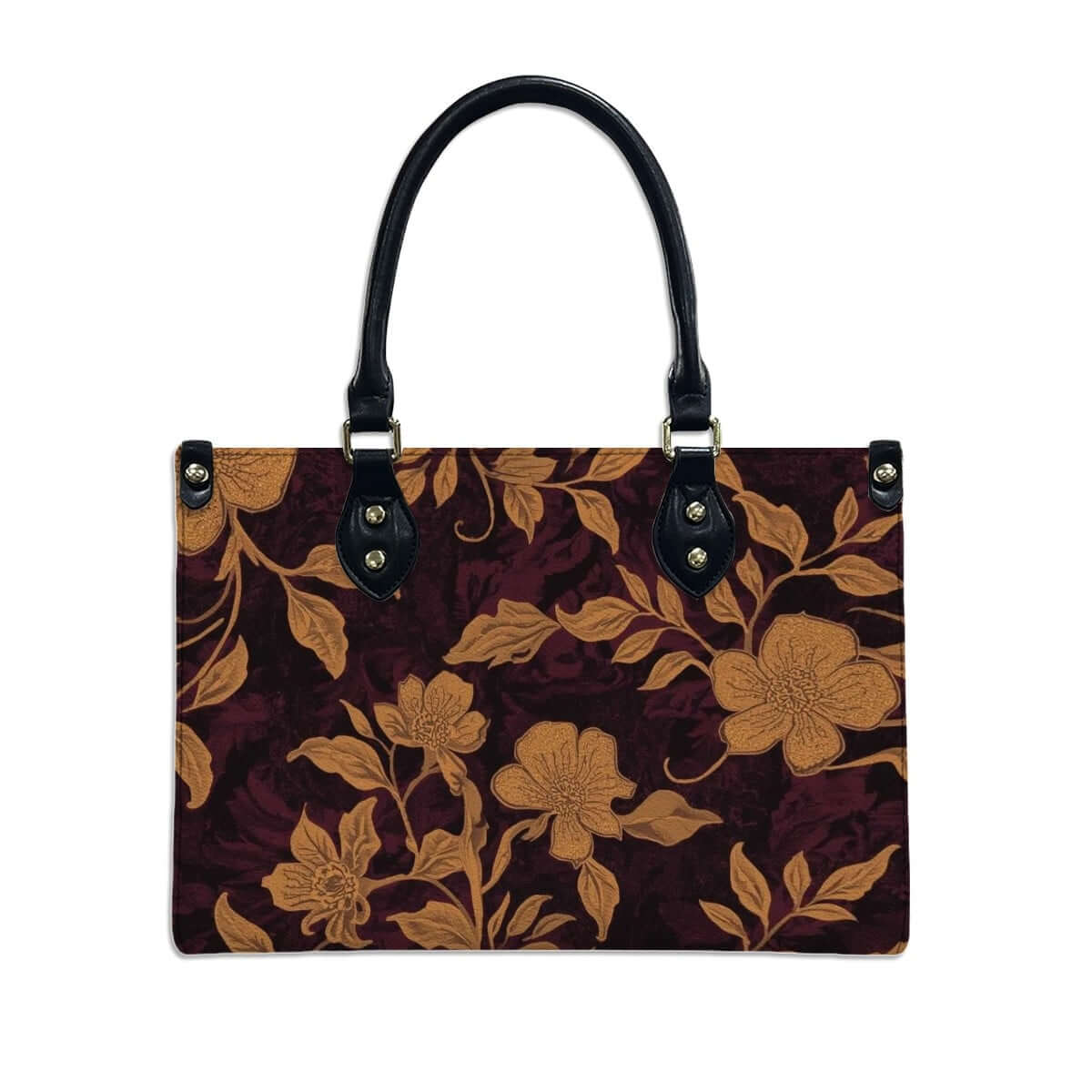 Floral PU Tote Bag for Women with black handles, showcasing intricate pattern design with UV printing. Details für PU-Tragetasche für Damen ansehen.