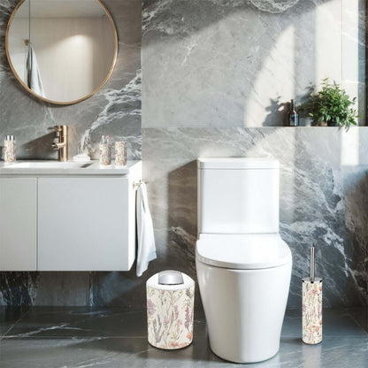 Badezimmer-Accessoires-Set, 5-teilig, aus Plastik, im modernen Badezimmer, zeigt Zahnbürstenbecher und Halter. Details für Badezimmer-Accessoires-Set, 5-teilig ansehen.