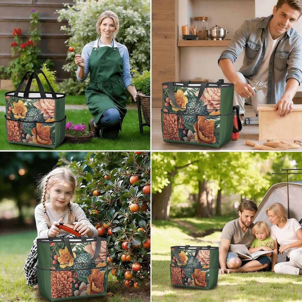Multifunctional Gartengerätetasche in use outdoors and indoors, showcasing large capacity and durability, suitable for gardeners and families.