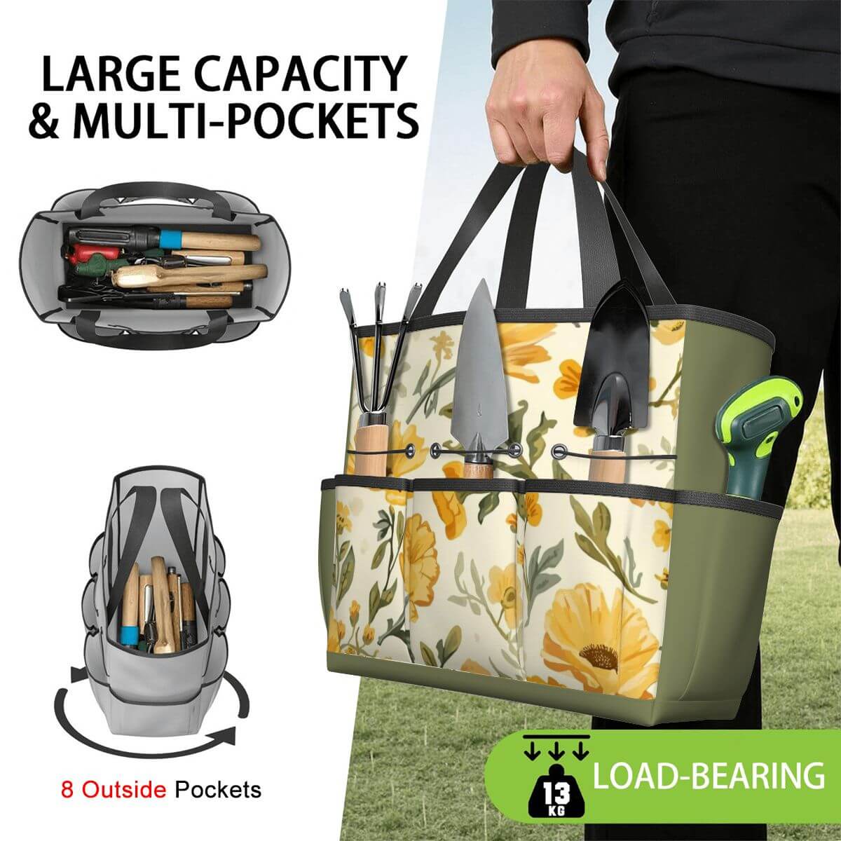 Gartengerätetasche aus Oxford-Stoff mit Blumenmuster, große Kapazität, wasserdicht und strapazierfähig, ideal für Gartenarbeit, 8 Außentaschen.