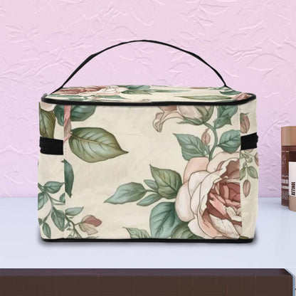 Tragbare Reise-Kosmetiktasche aus Polyester mit Blumendesign auf einem Tisch, Details für Tragbare Reise-Kosmetiktasche ansehen