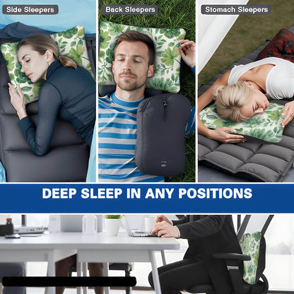 Personen verwenden ein aufblasbares Campingkissen für verschiedene Schlafpositionen: seitlich, am Rücken und auf dem Bauch. Perfekt für komfortables Schlafen.