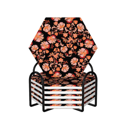 Sechseckige Keramikuntersetzer, 6er-Set mit Blumendesign, ideal für Tischschutz und Dekoration, UV-Druck, umweltfreundliches Material.