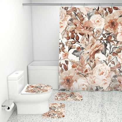 Video Badezimmerteppich-Set mit Duschvorhang, 4-teilig, florales Design, aus Polyester, ideal für stilvolle Badezimmerdekorationen