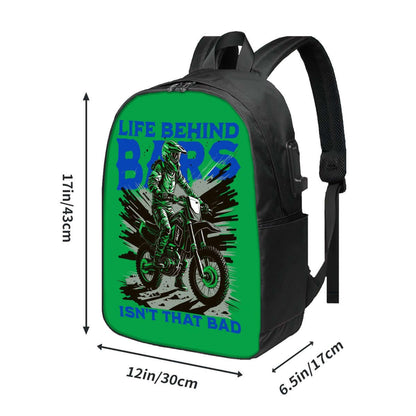 Oxford Reise-Laptop-Rucksack mit USB-Anschluss in Schwarz mit Motocross-Design und den Maßen 12x6.5x17 Zoll, verstellbare Gurte