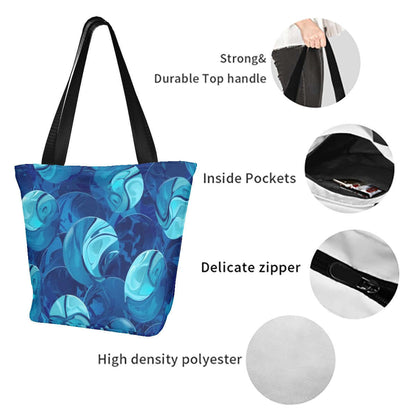 Schultertasche zum Einkaufen für Damen aus Polyester mit starkem Griff, Innentaschen, Reißverschluss und blauem Design.