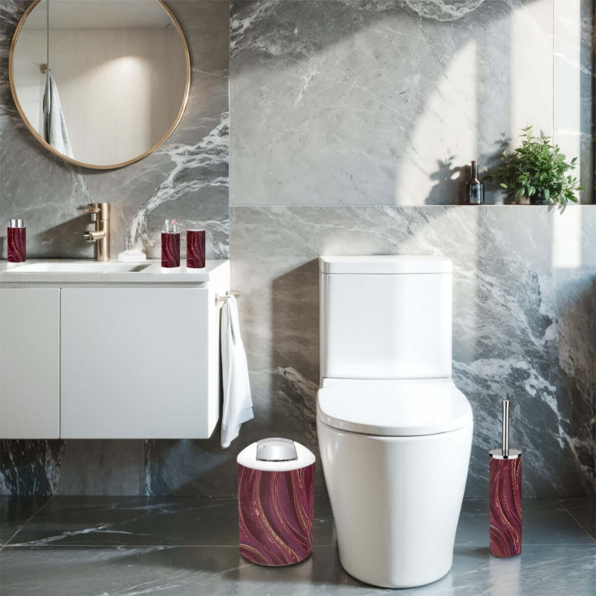 Elegantes Badezimmer mit Badezimmer-Accessoires-Set, 5-teilig aus Plastik, modernes Design, perfekt für jedes Bad-Interieur.