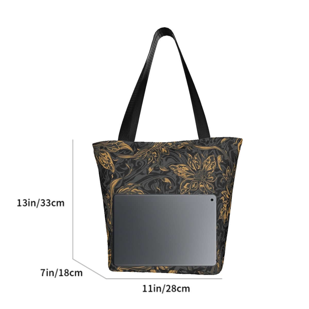 Schultertasche zum Einkaufen für Damen aus Polyester, Größe 11"x7"x13", schwarz mit floralen Mustern. Perfekt für Shopping.