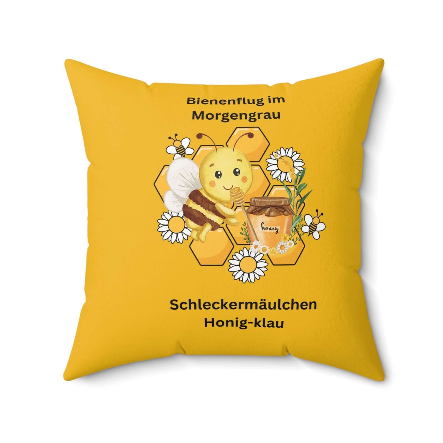 Bienen-inspiriertes Kissen, Süßes Bienenkissen, Blumendekor mit fröhlichem Bienendesign auf gelbem Hintergrund