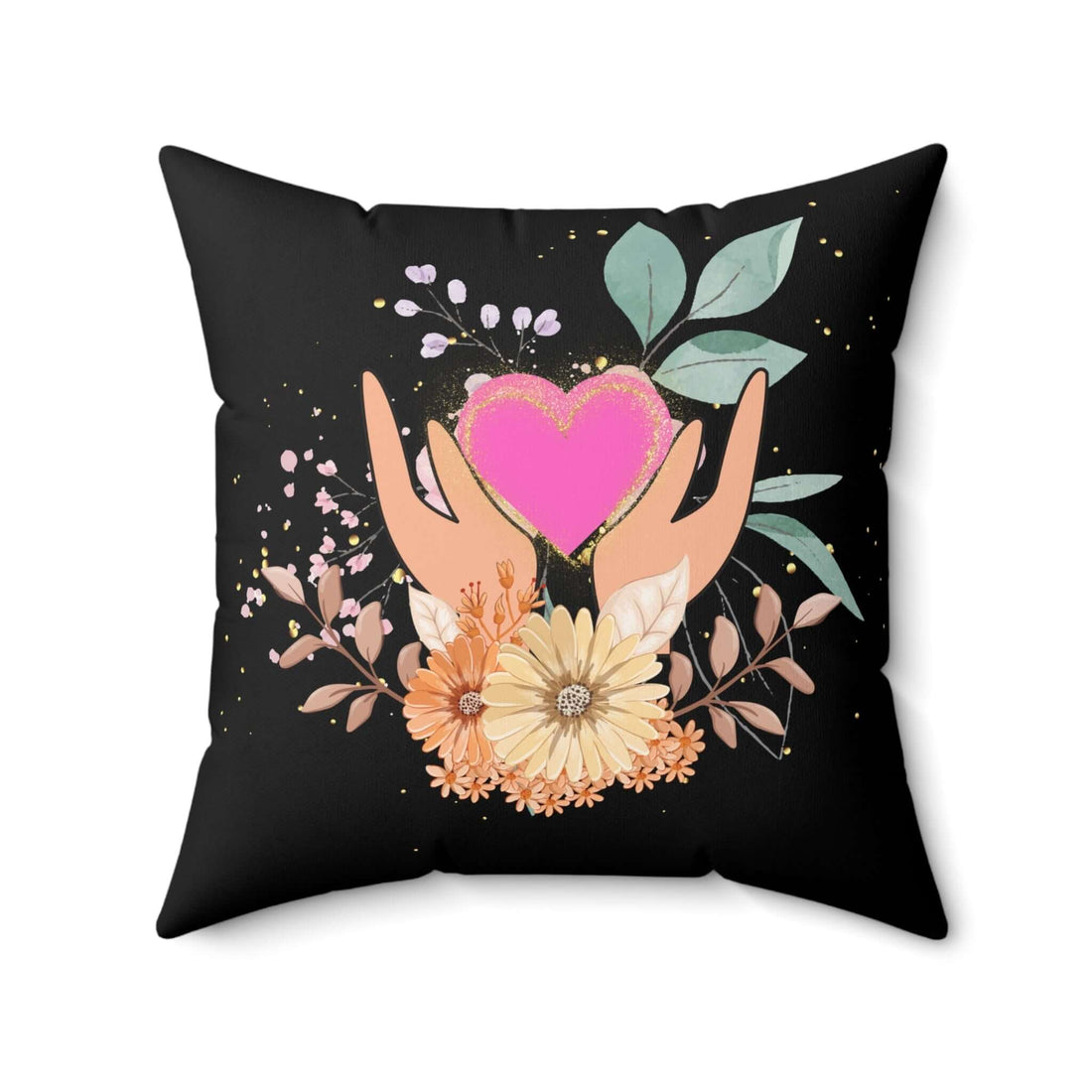 Boho Blumenkissen Liebes Design Geschenk mit floralen Elementen und Händen, die ein Herz wiegen, ideal für Wohnzimmerdekoration.
