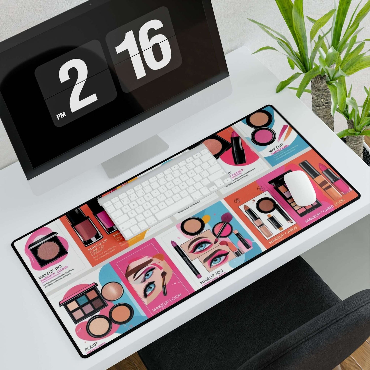 Bunte Make-up-Schreibtischunterlage auf einem weißen Schreibtisch mit farbenfrohen Make-up-Motiven, geeignet für kreative Arbeitsumgebungen.