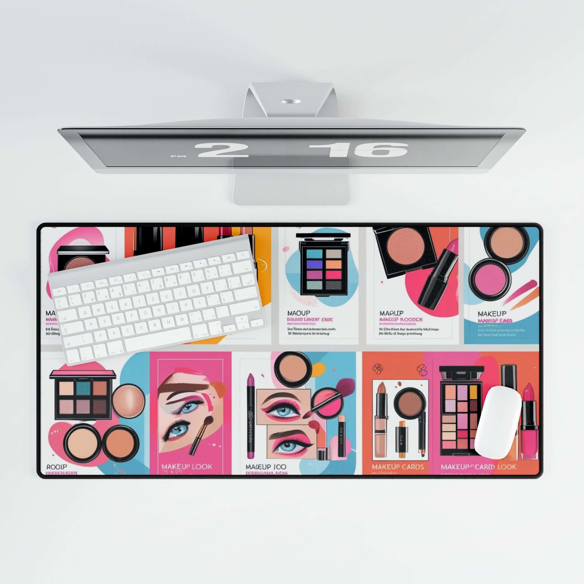 Bunte Make-up-Schreibtischunterlage mit farbenfrohem Design und Make-up-Motiven ideal für kreative Arbeitsplätze.
