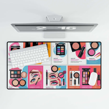 Bunte Make-up-Schreibtischunterlage mit farbenfrohem Design und Make-up-Motiven ideal für kreative Arbeitsplätze.