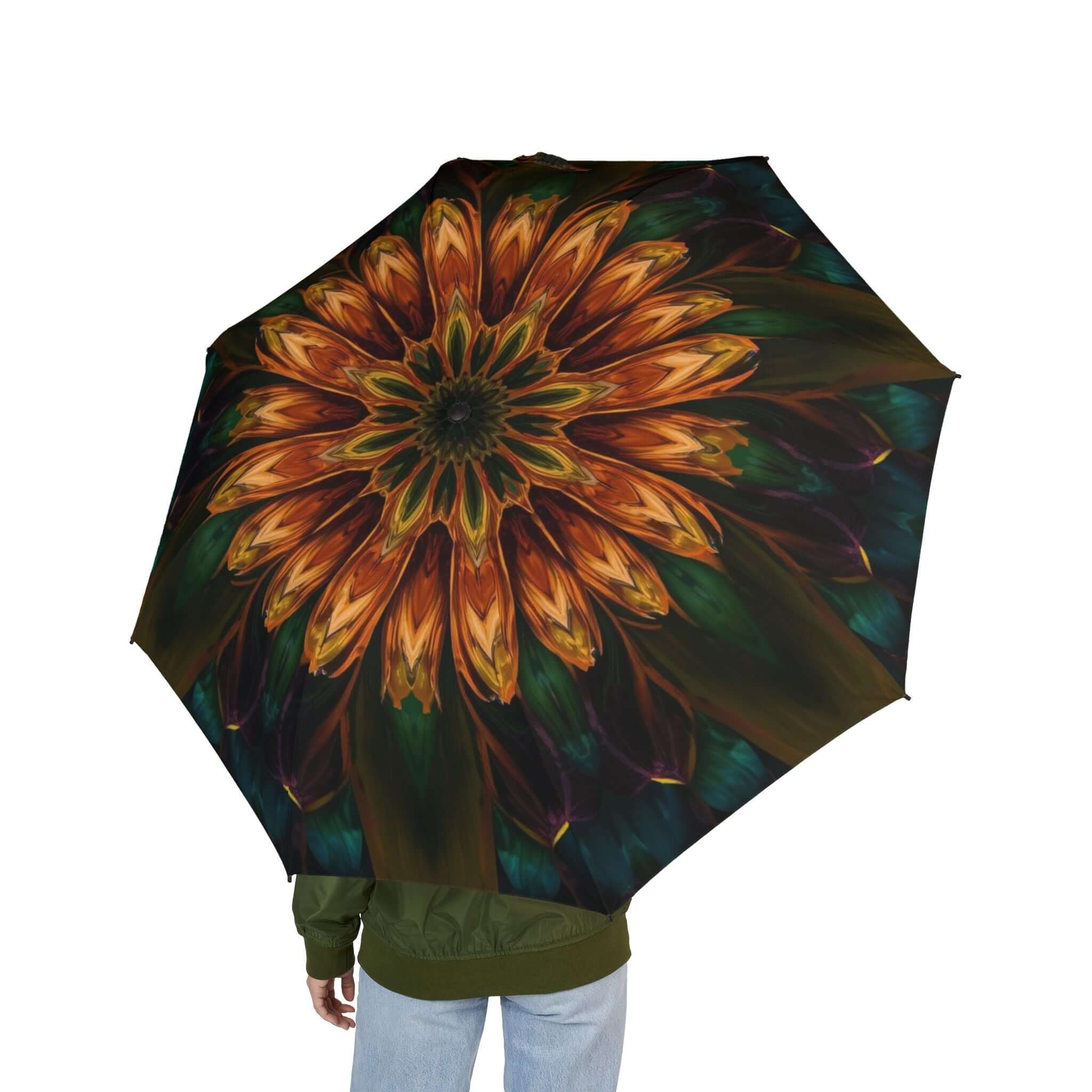 Halbautomatischer Klappregenschirm mit lebendigem Blumendesign, stylische Regenbekleidung für triste Tage, Details für Regenschirm ansehen.