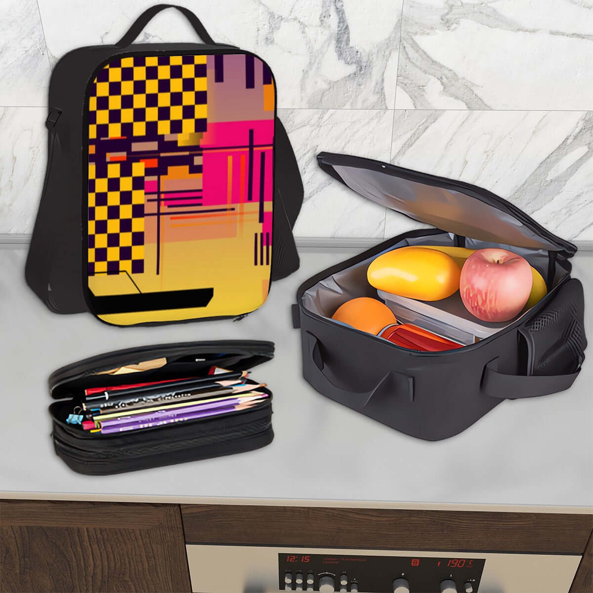 3er-Set Taschen (Oxford-Rucksack, Lunchtasche &amp; Federmäppchen) aus robustem Oxford-Stoff mit stilvollem Design auf Küchentheke präsentiert.