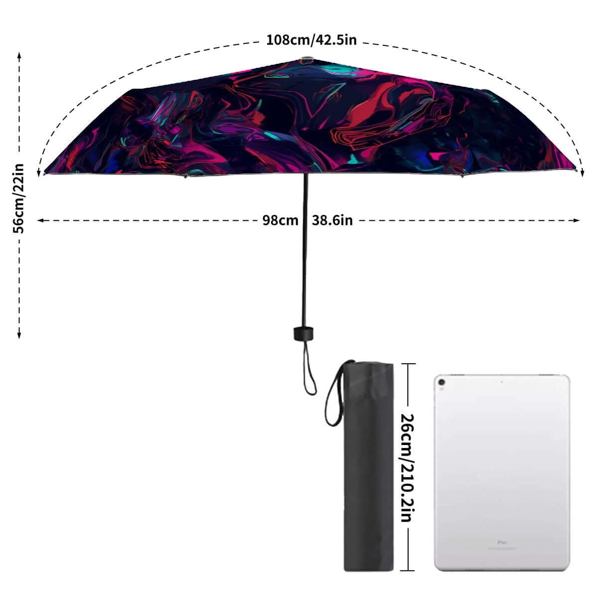 UV-Schutz-Regenschirm mit Vinylbeschichtung und Nanotechnologie, windfestes Design, Detailansicht und Größendetails