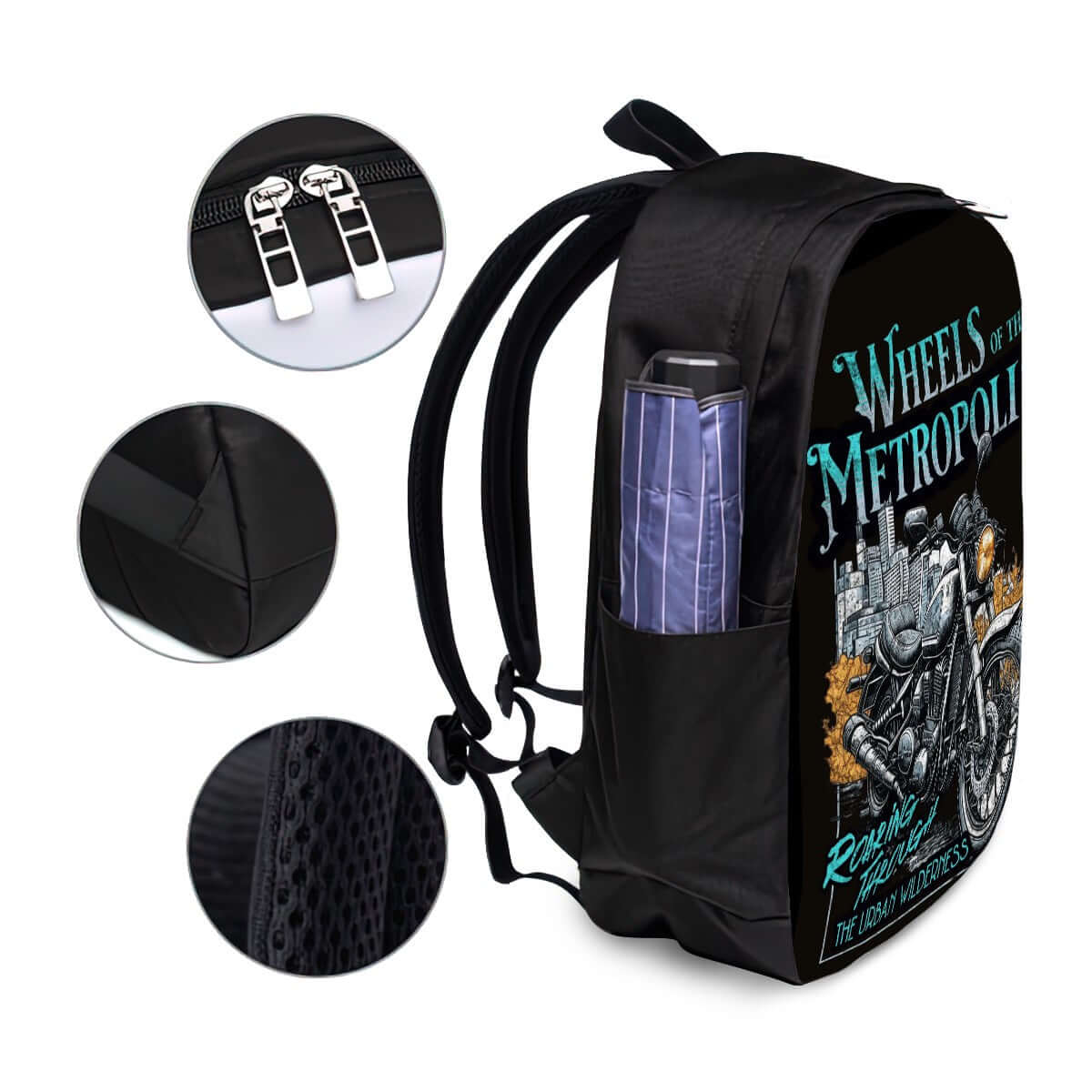 Oxford Reise-Laptop-Rucksack mit USB-Anschluss in Schwarz mit Motorrad-Design, Details des wasserdichten Stoffes und Reißverschlüsse sichtbar