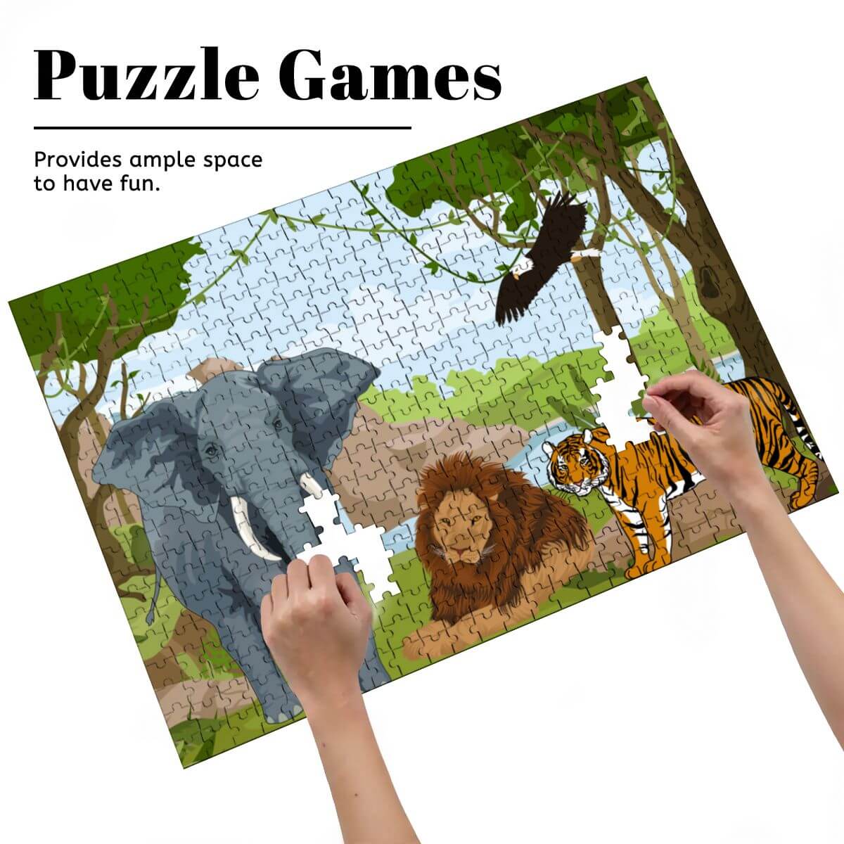 500-teiliges Holzpuzzle (horizontal) mit Tieren im Dschungel, bietet Platz zum Spaß haben.