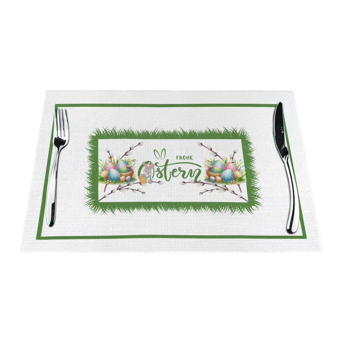 Tischset aus gewebtem PVC mit Osterdesign und Beschriftung "Frohe Ostern", hitzebeständig bis 80 °C, kratzfest und rutschfest.