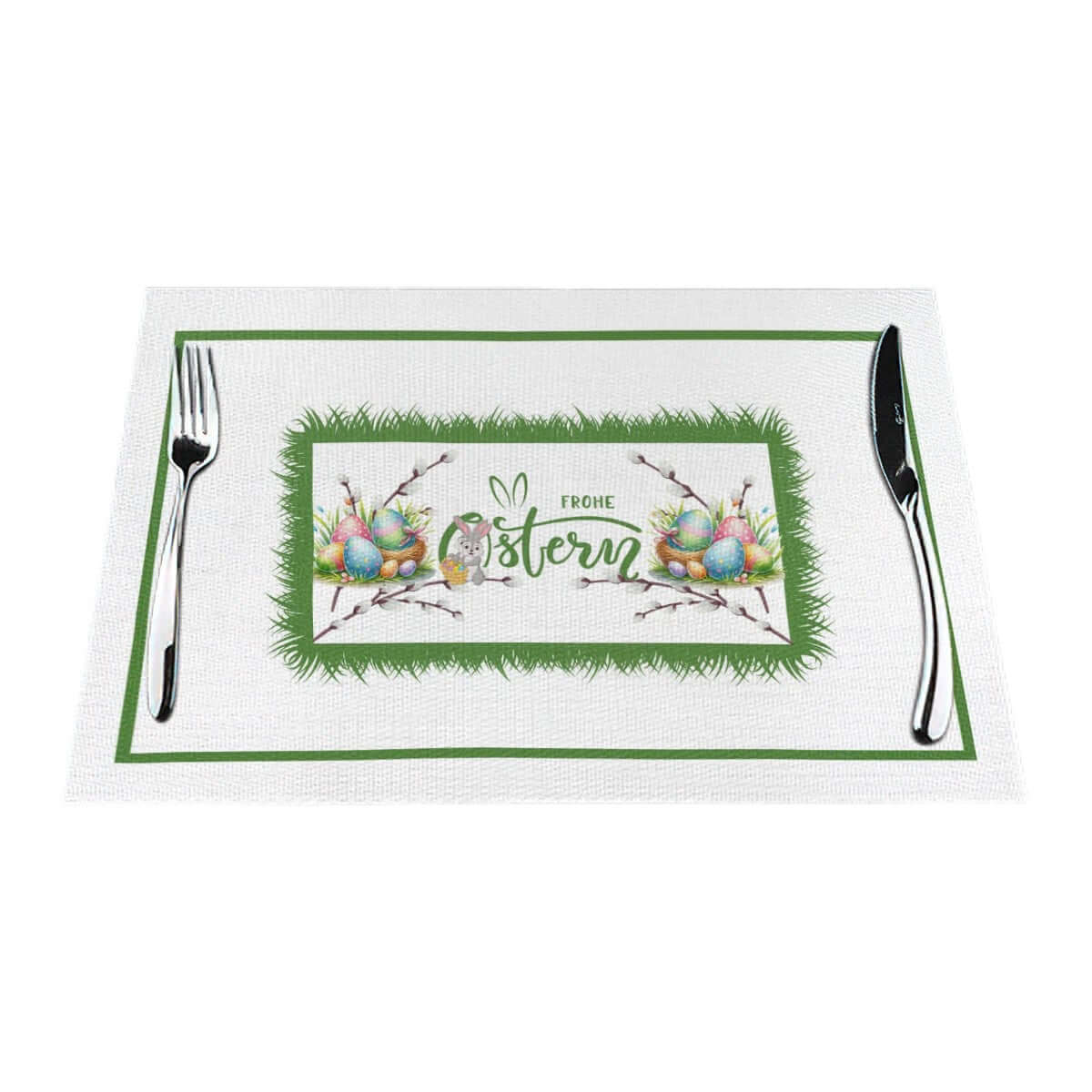 Tischset aus gewebtem PVC mit Osterdesign und Beschriftung "Frohe Ostern", hitzebeständig bis 80 °C, kratzfest und rutschfest.