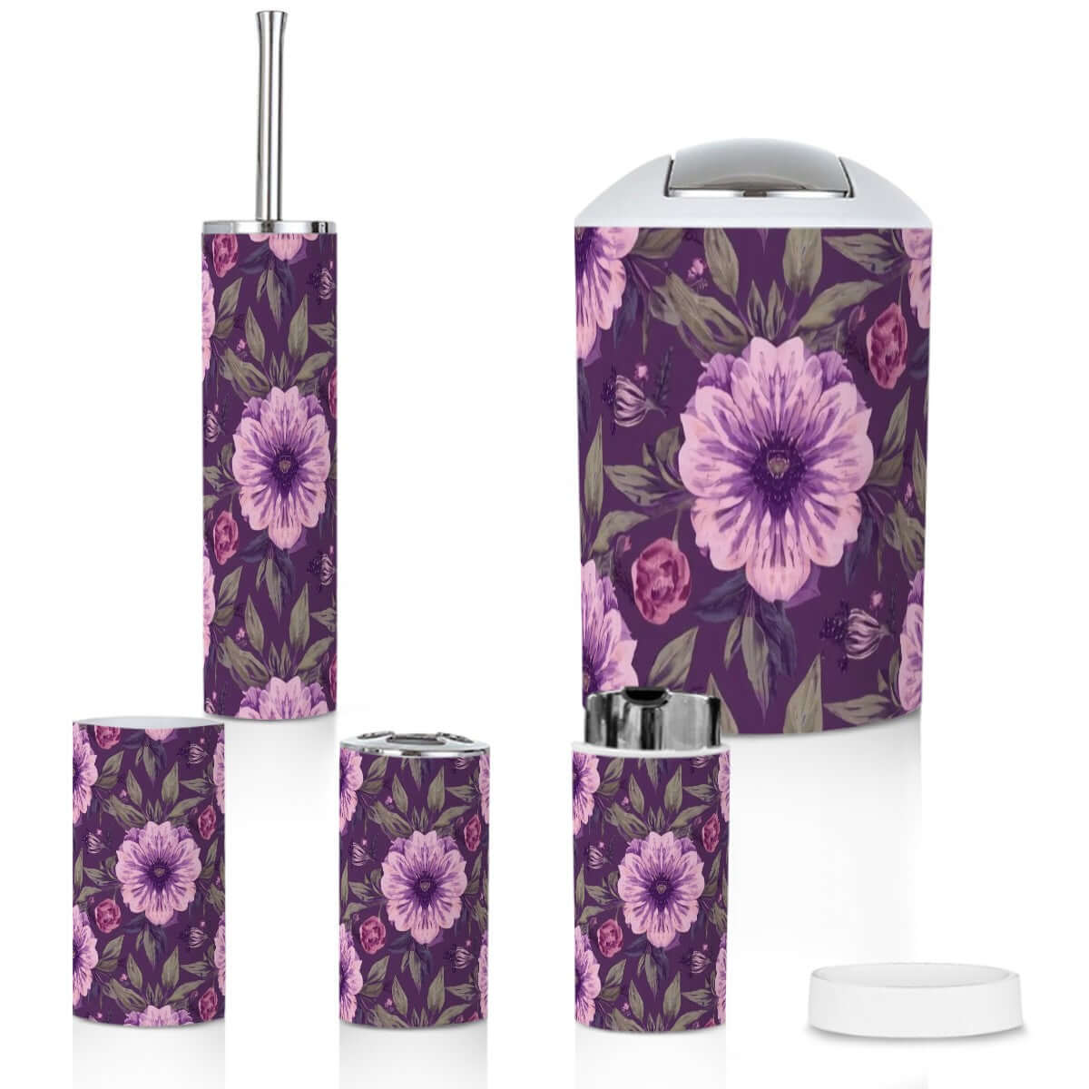 Badezimmer-Accessoires-Set, 5-teilig in floralem Design, lila Plastik, beinhaltet Zahnbürstenhalter und Mülleimer, wasserdicht und langlebig.