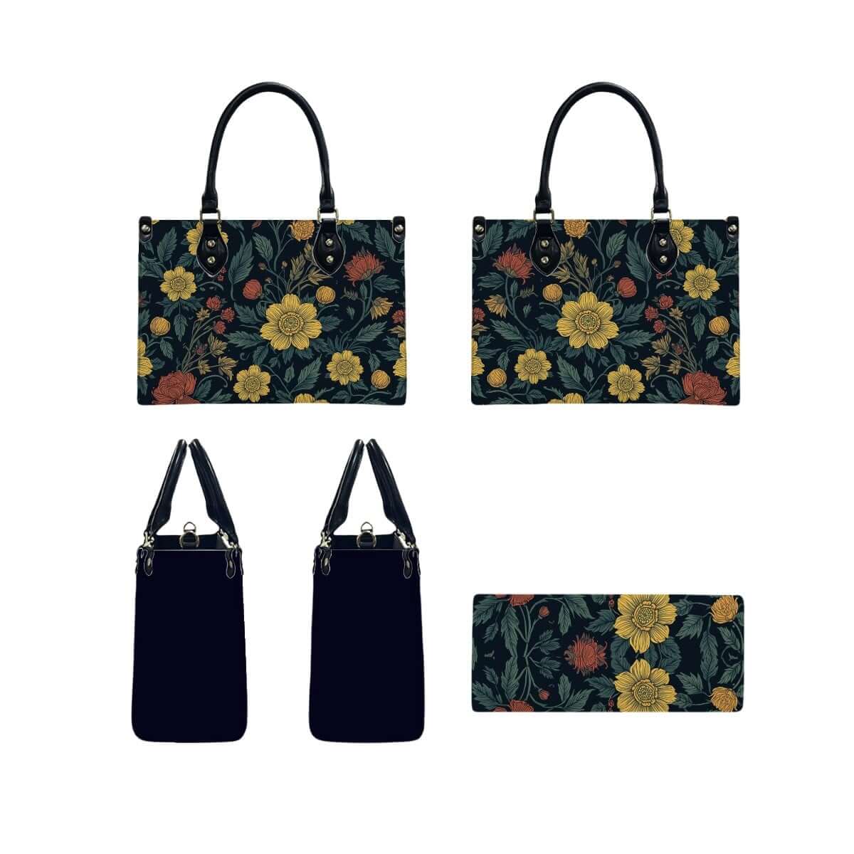 PU Tote Bag for Women with floral patterns, black handles and UV printing. Details für PU-Tragetasche für Damen ansehen