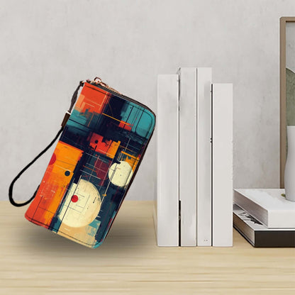 Clutch-Geldbörse für Damen mit buntem abstraktem Design, hergestellt aus hochwertigem PU, geeignet für Karten, Bargeld und Mobiltelefone.