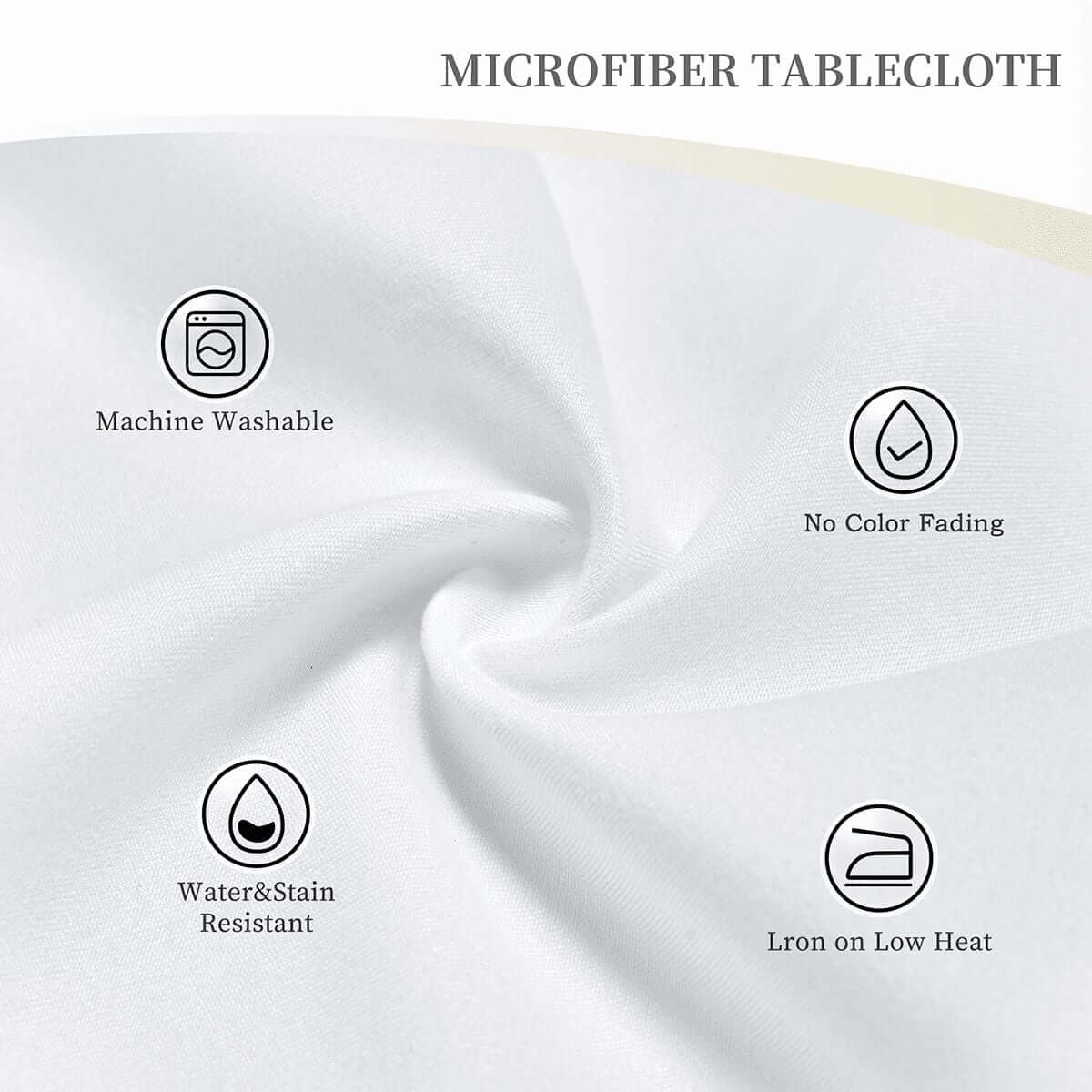 Diagram showing features of microfiber tablecloth: machine washable, no color fading, water and stain resistant, iron on low heat.