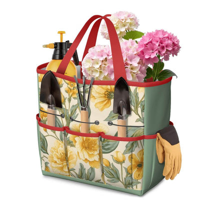 Blumige Gartengerätetasche aus Oxford-Stoff, 11,8"x5,5"x11,4" mit mehreren Taschen, wasserdicht und verschleißfest, mit Blumendruck.