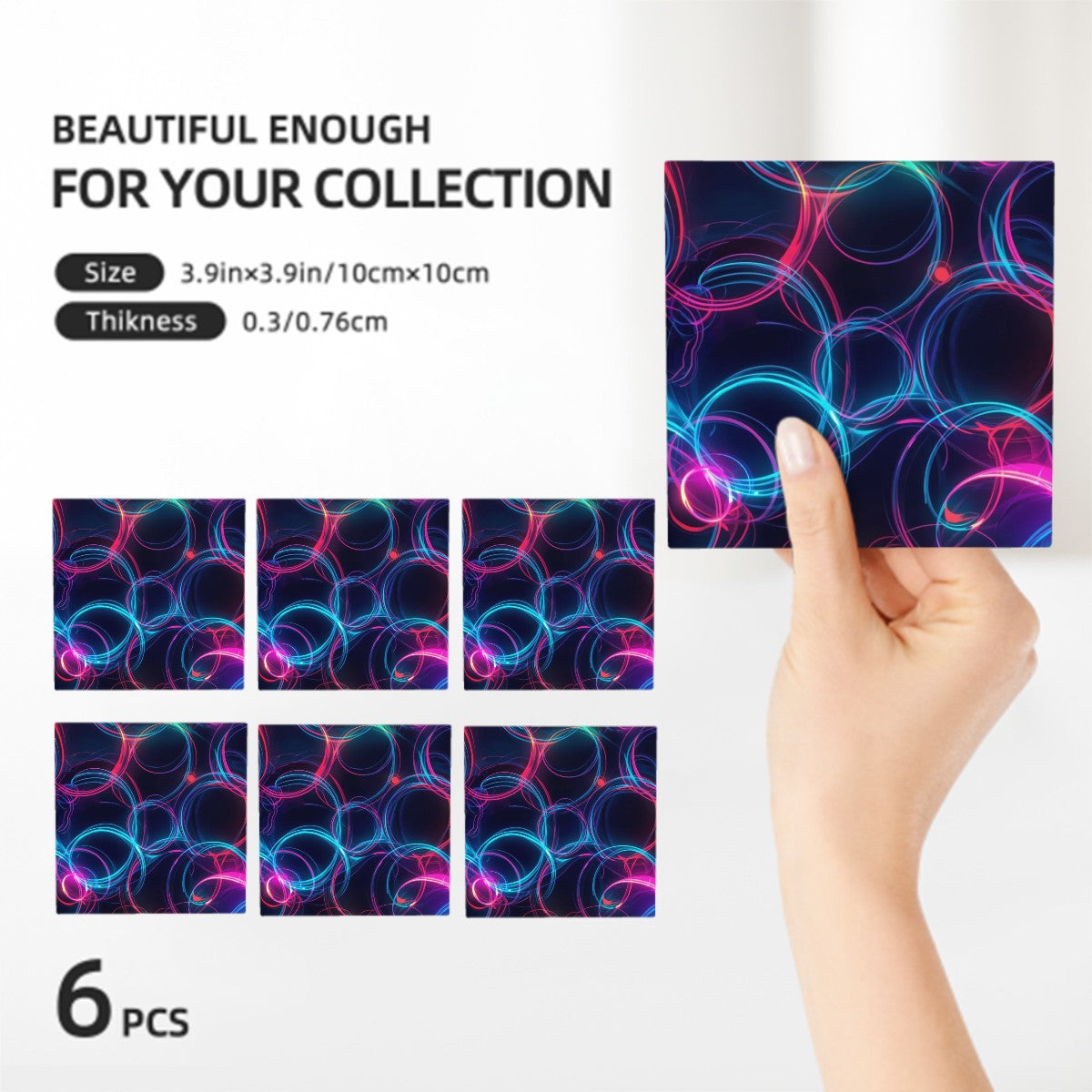 Quadratische Keramikuntersetzer 6 Stück, moderne Muster, Größe 10x10cm, ideal für Wohnkultur.