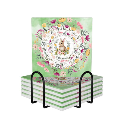 Quadratische Keramikuntersetzer, 6 Stück mit floralem Hasenmotiv, umweltfreundliche und wasserabsorbierende Keramikuntersetzer.