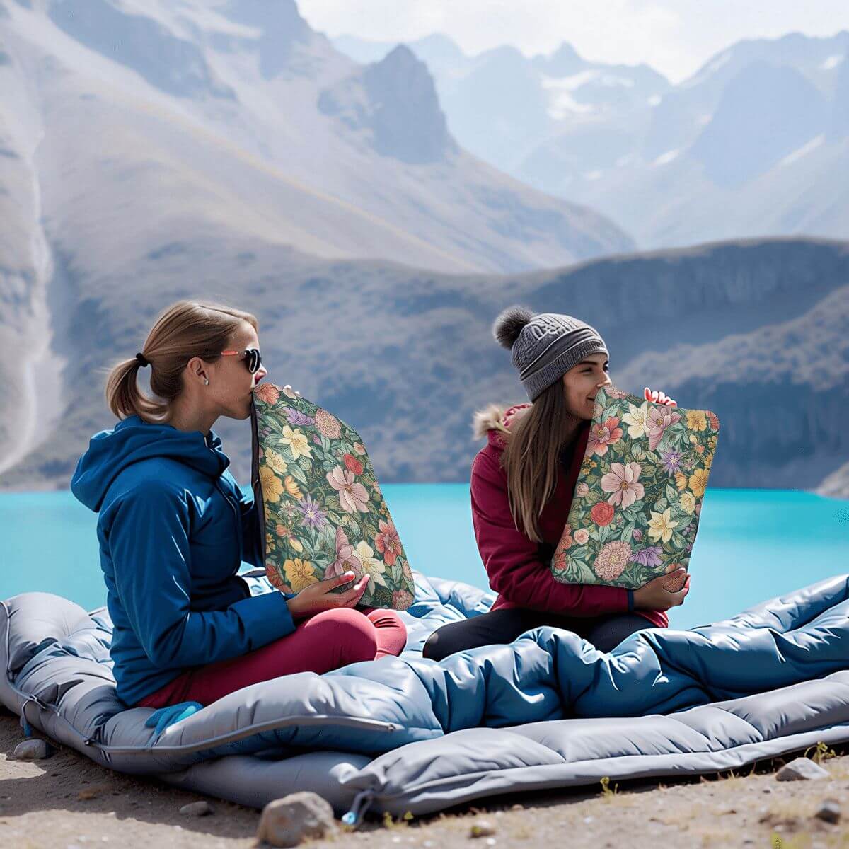 Two campers inflating colorful aufblasbares Campingkissen pillows by a lake with mountains, showcasing outdoor comfort and style.