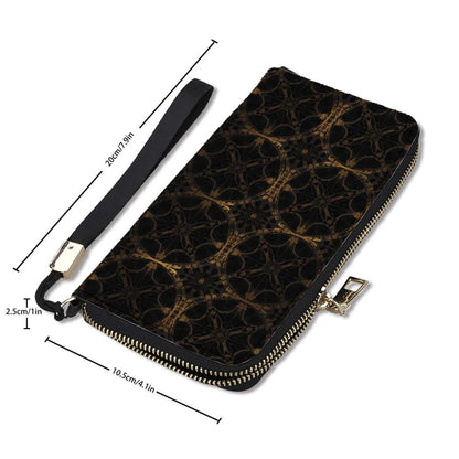 Clutch Wallet for Women with black and gold intricate design, PU material, double-sided UV printing, large capacity with card slots.