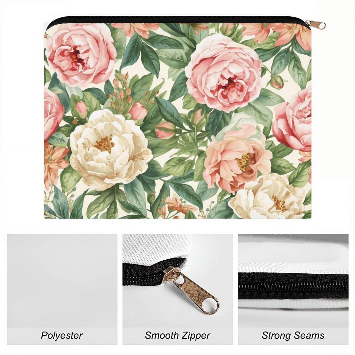 Reise-Kosmetiktasche aus Polyester mit floralem Design, Reißverschluss und starken Nähten. Details für Reise-Kosmetiktasche ansehen.