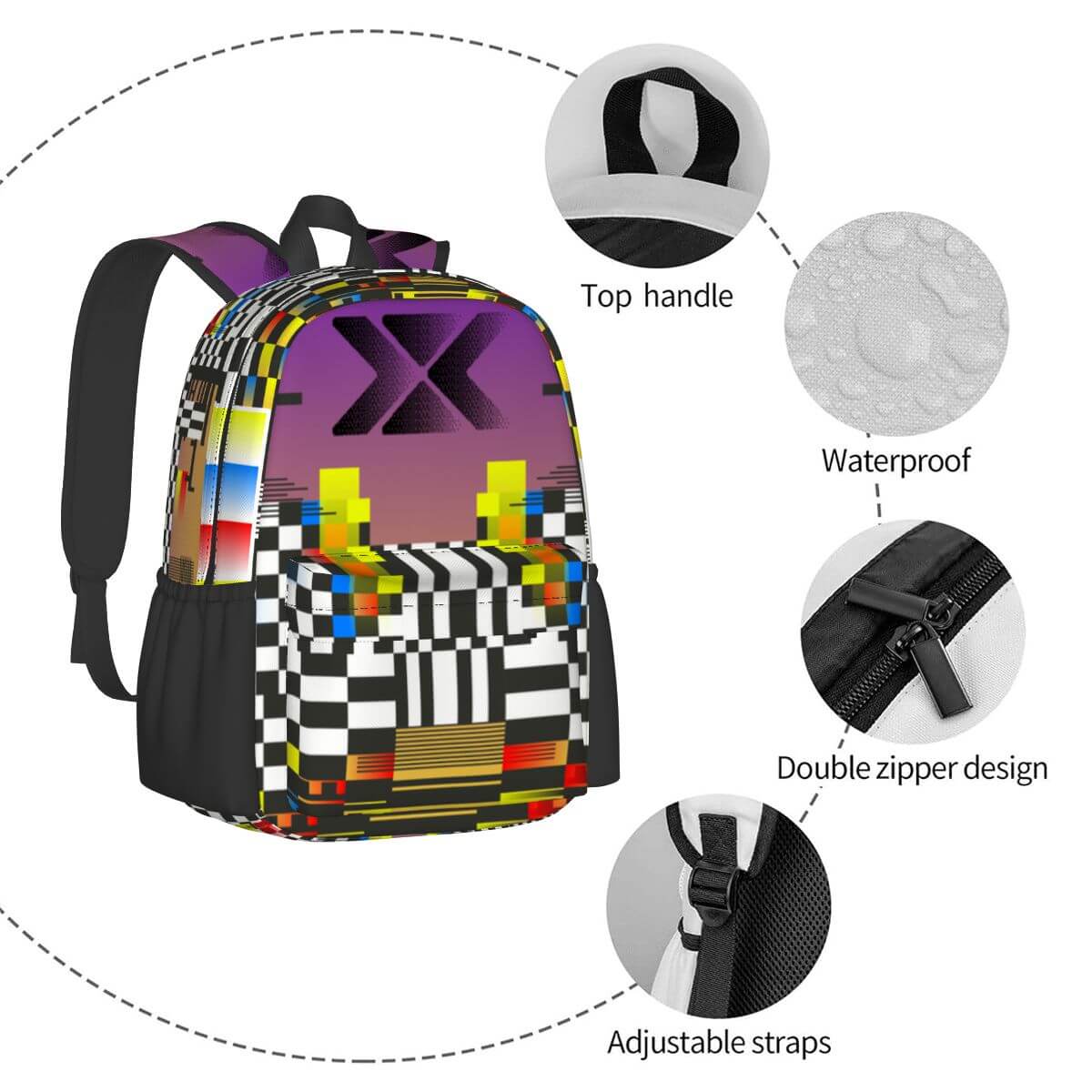 Geräumiger Oxford-Rucksack mit Seitentaschen, wasserdicht, verstellbare Träger, doppelter Reißverschluss, modernes Design