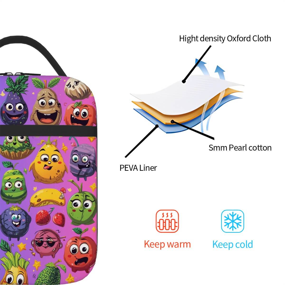 Lunchtasche mit ein schönes Design aus Oxford-Stoff, PEVA-Beschichtung, bunte Cartoon-Früchte, tragbare Reise-Kosmetiktasche Details.