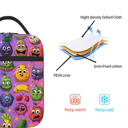 Lunchtasche mit ein schönes Design aus Oxford-Stoff, PEVA-Beschichtung, bunte Cartoon-Früchte, tragbare Reise-Kosmetiktasche Details.