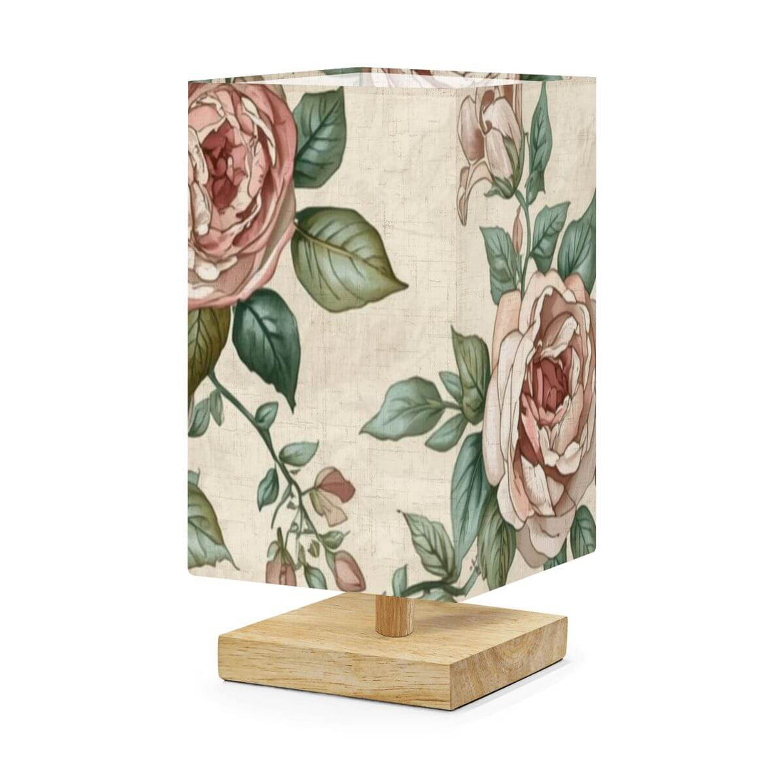 Quadratische Tischlampe mit Rosenblumenmuster, Leinenschirm und Gummiholzsockel. UV-Druck für gemütliche Wohnatmosphäre.