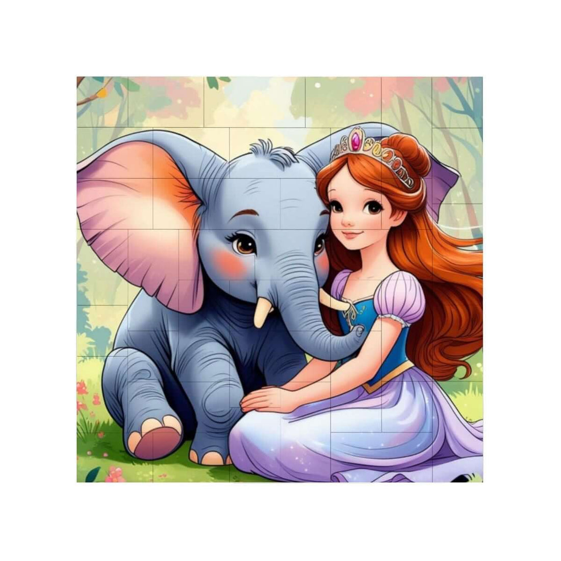 Illustration of a girl in a blue dress with a tiara, sitting next to a smiling elephant in a colorful, cartoon style.