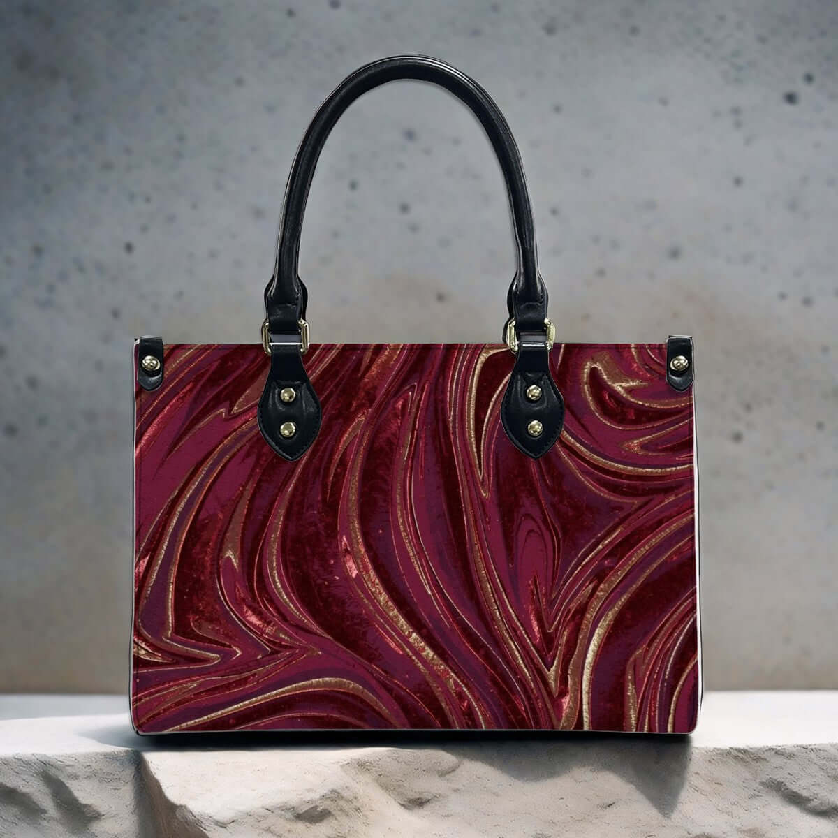 PU Tote Bag for Women with red swirl pattern and black handles, stylish handbag for fashion-forward individuals, PU-Tragetasche für Damen.