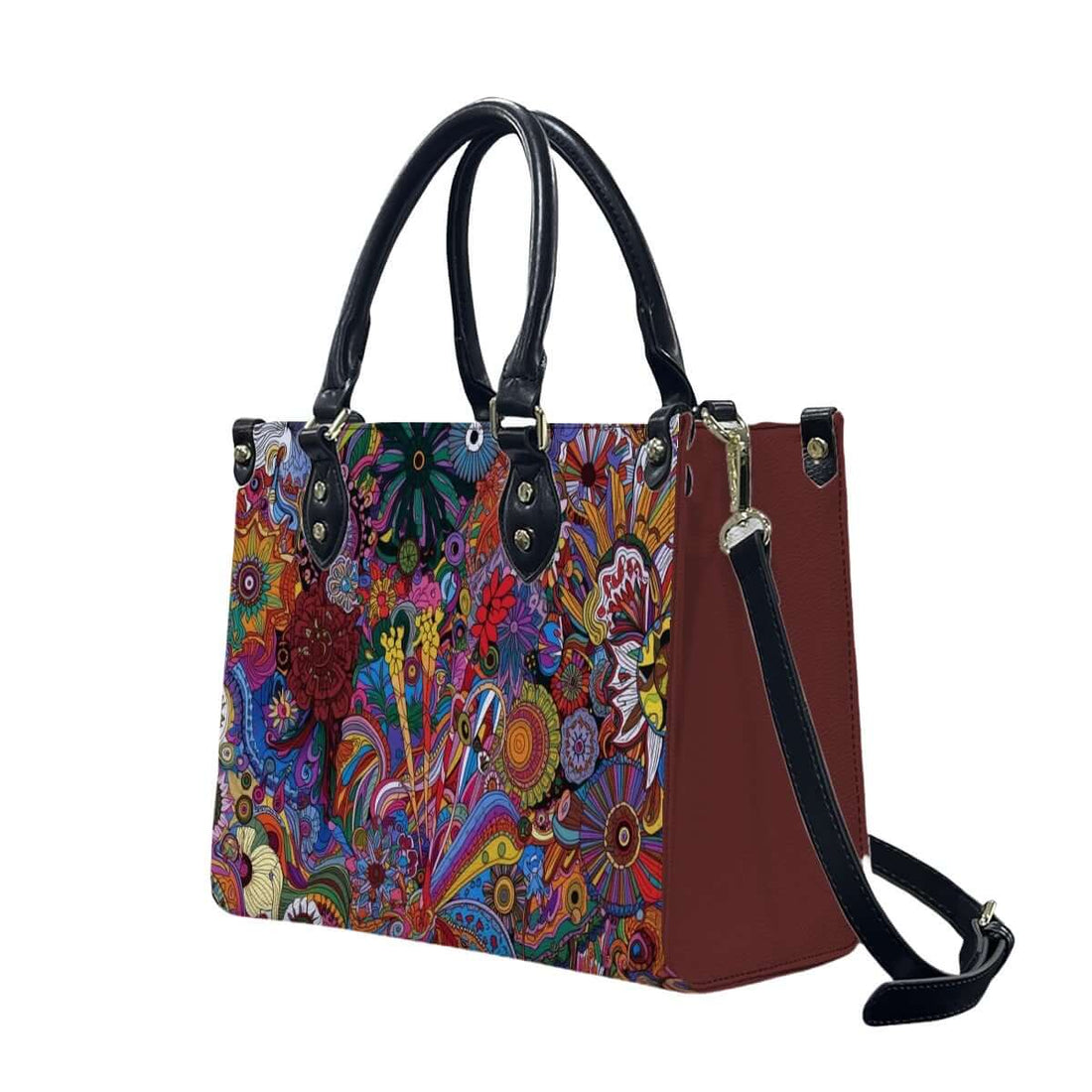 PU Tote Bag for Women with vibrant pattern and black handles, view details für PU-Tragetasche für Damen ansehen, medium size option shown.